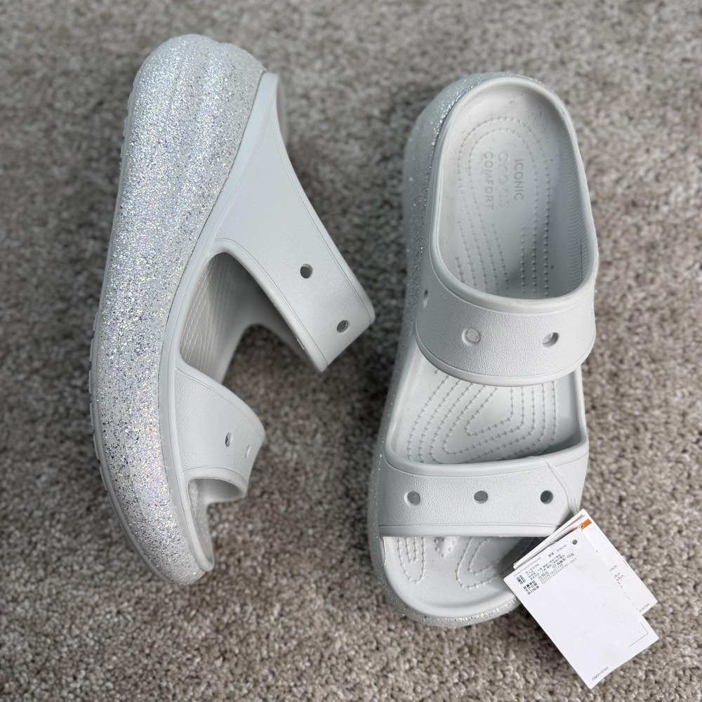 Crocs Classic Crush Glitter Sandal Womens 14 White Slide Platform Summer Comfort